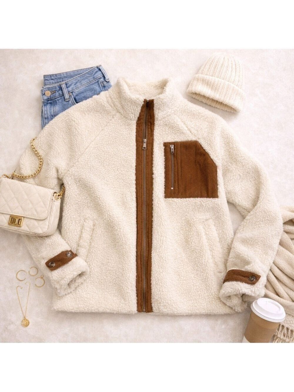Thread & Supply Size S Cream Teddy Zip Jacket w/ Corduroy Cozy Warm